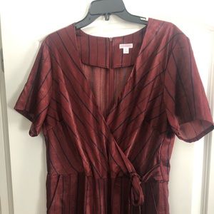 Striped Short Sleeve Deep V-Neck Wrap Jumpsuit